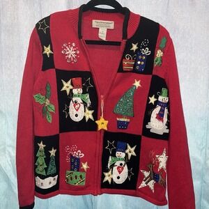 TIARA International Womens Ugly Christmas Sweater Cardigan Size M Snowman‎ Red
